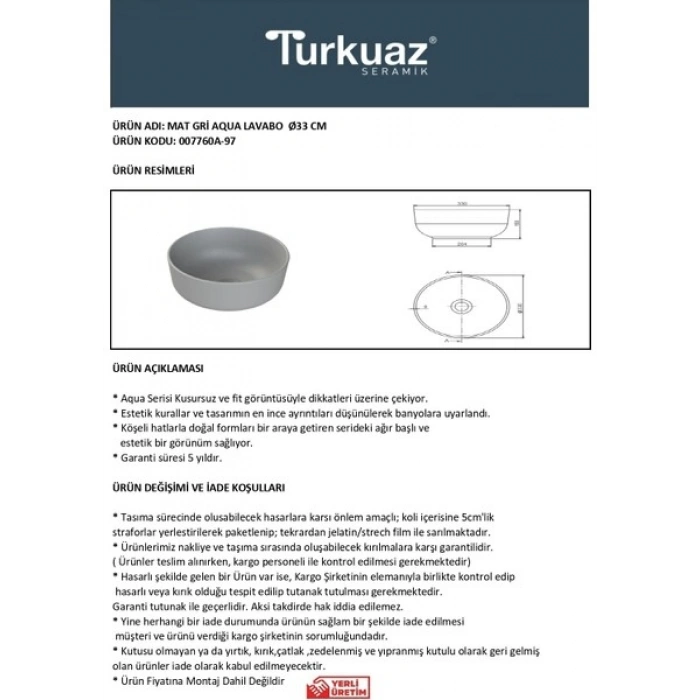 Mat Gri Aqua 33 cm Lavabo