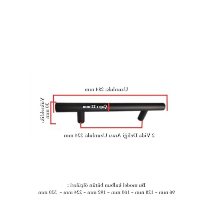 Mat Siyah Paslanmaz Metal Kulp, 96-320 mm Arası Boyut Seçenekleri