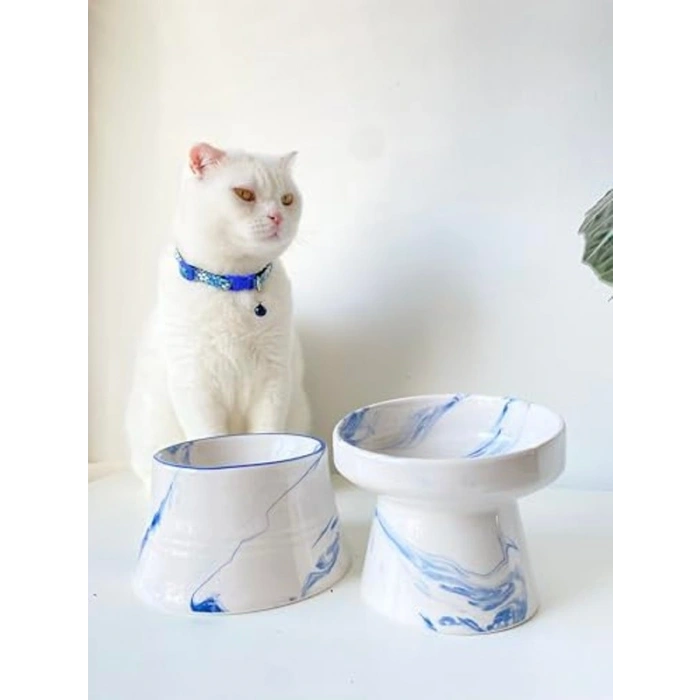 Mavi Ebru Desenli Seramik Kedi Ve Köpek Mama Su Kabı İkili