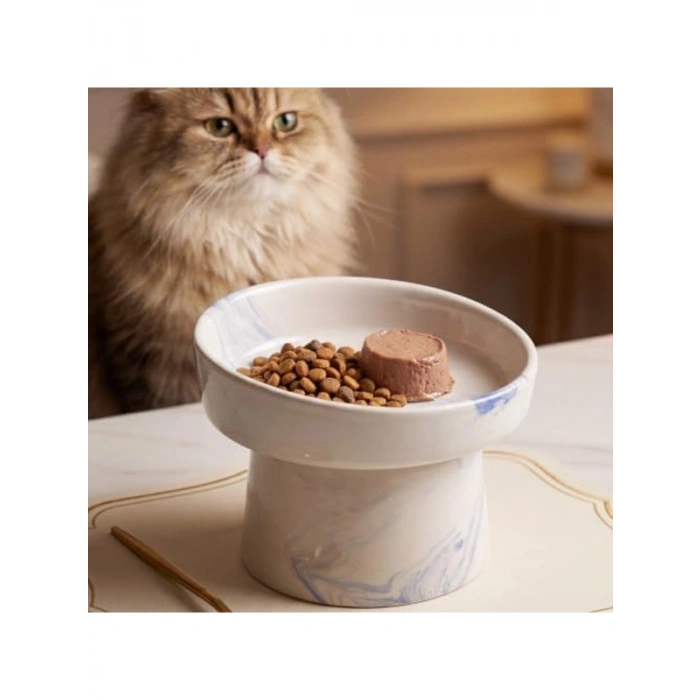 Mavi Ergonomik Seramik Kedi ve Köpek Kabı - Yükseltilmiş Tasarım
