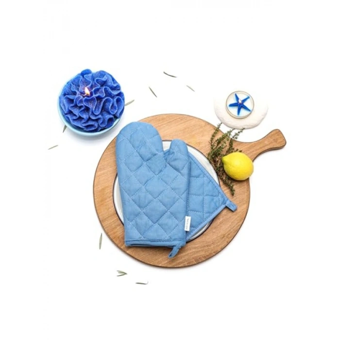 Mavi Kapitone Fırın Eldiveni ve Tutacak Seti