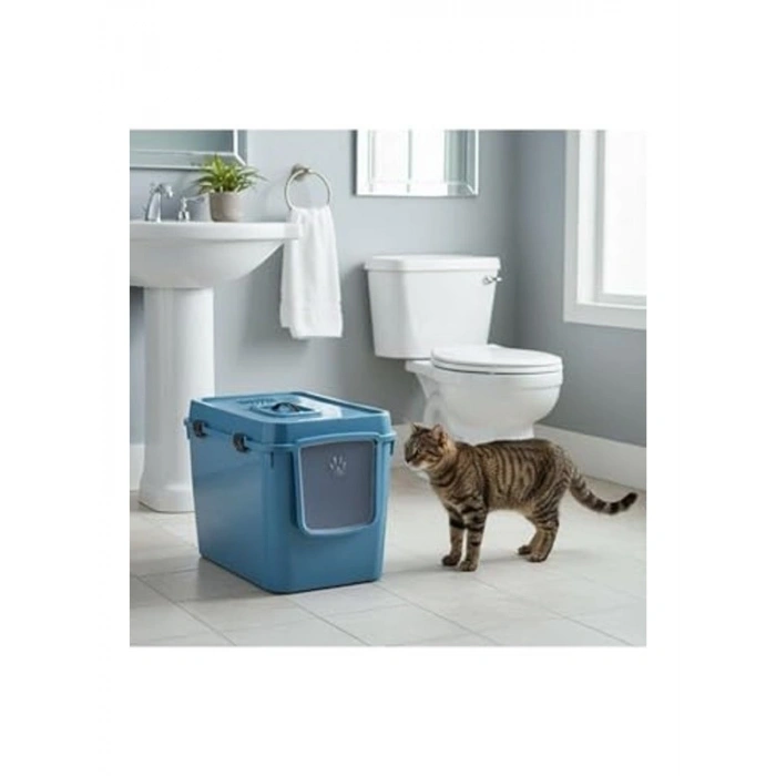 Mavi Renkli XXL Kapalı Kedi Tuvaleti, 57x39x43 cm Boyutları