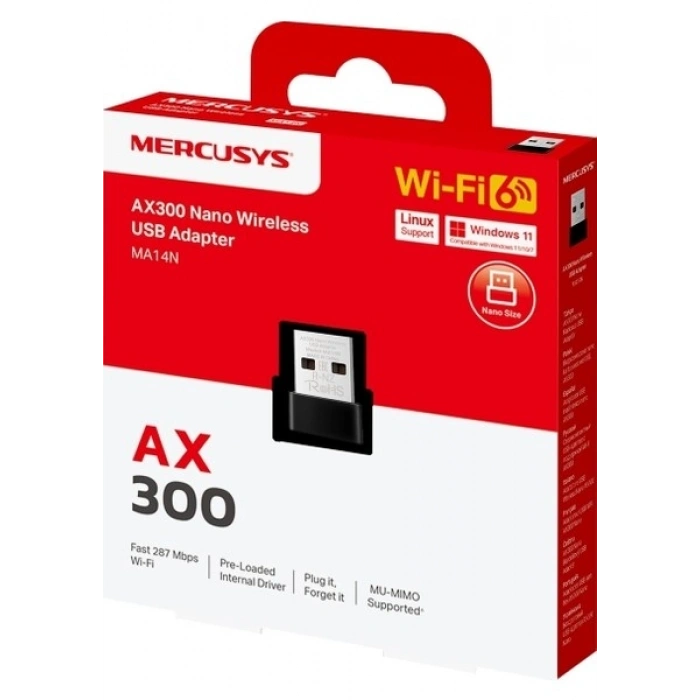 Mercusys MA14N | AX300 Mbps Nano USB Wi‑Fi 6 Adaptör | Kolay Kurulum | Windows & Linux Uyumlu | Tak‑Çalıştır