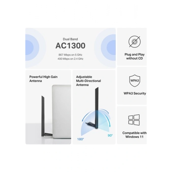 Mercusys MA30H | AC1300 Mbps Dual‑Band Wi‑Fi 5 USB 3.0 Adaptör | Yüksek Çekim Gücü | Tak‑Çalıştır | Windows 10/11