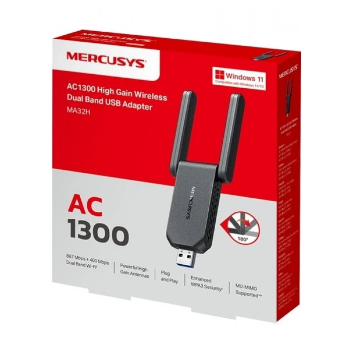 Mercusys MA32H, AC1300 Mbps, Çift Bant, USB 3.0, Yüksek Çekim Güçlü Wi-Fi 5 USB Adaptör