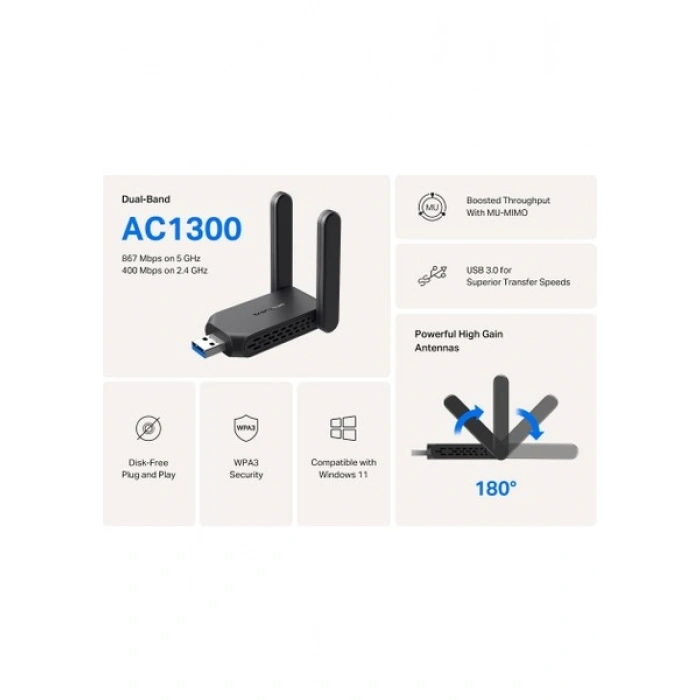 Mercusys MA32H, AC1300 Mbps, Çift Bant, USB 3.0, Yüksek Çekim Güçlü Wi-Fi 5 USB Adaptör
