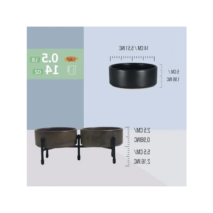 Metal Ayaklı Seramik Mama ve Su Kapları, Çift Taraflı Siyah