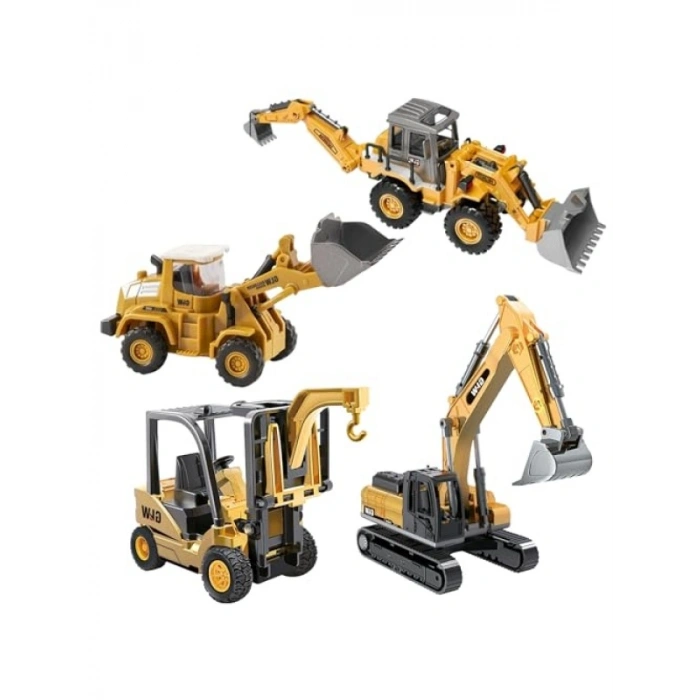 Metal Başlıklı İş Makinaları Seti - 4ü 1 Arada, 1:70 Ölçek, Gerçekçi Tasarım