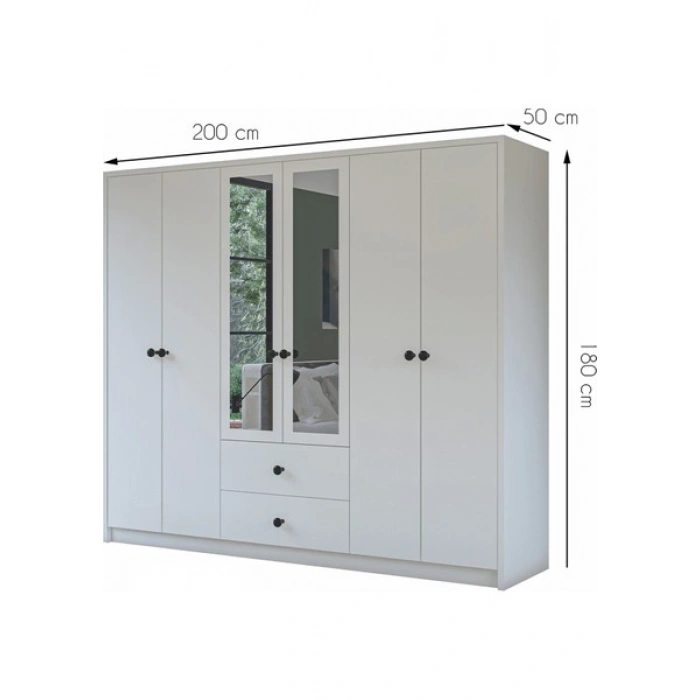 Metalia Gm 036 Lüx 6 Kapı 2 Çekmeceli Düğme Kulplu Aynalı Gardırop