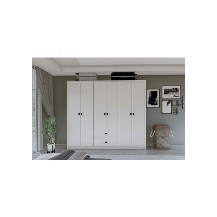 Metalia Gm 069 Delüx 6 Kapı 2 Çekmeceli Düğme Kulplu Gardırop