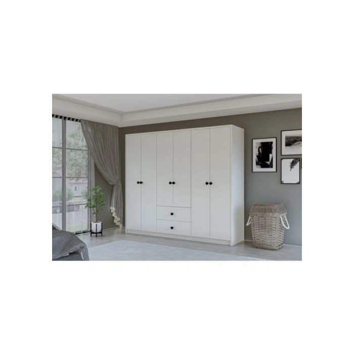 Metalia Gm 069 Delüx 6 Kapı 2 Çekmeceli Düğme Kulplu Gardırop