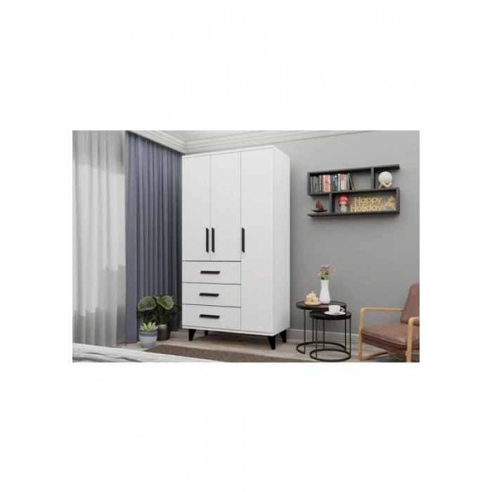 Metalia Gm 303-A Ece 3 Kapı 3 Çekmeceli Ayaklı Siyah Kulplu Gardırop