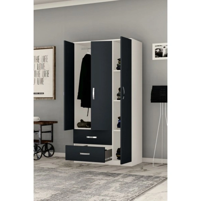 Metalia Gm 858 Modena 3 Kapılı 2 Çekmeceli Beyaz Antrasit Gri Gardrop