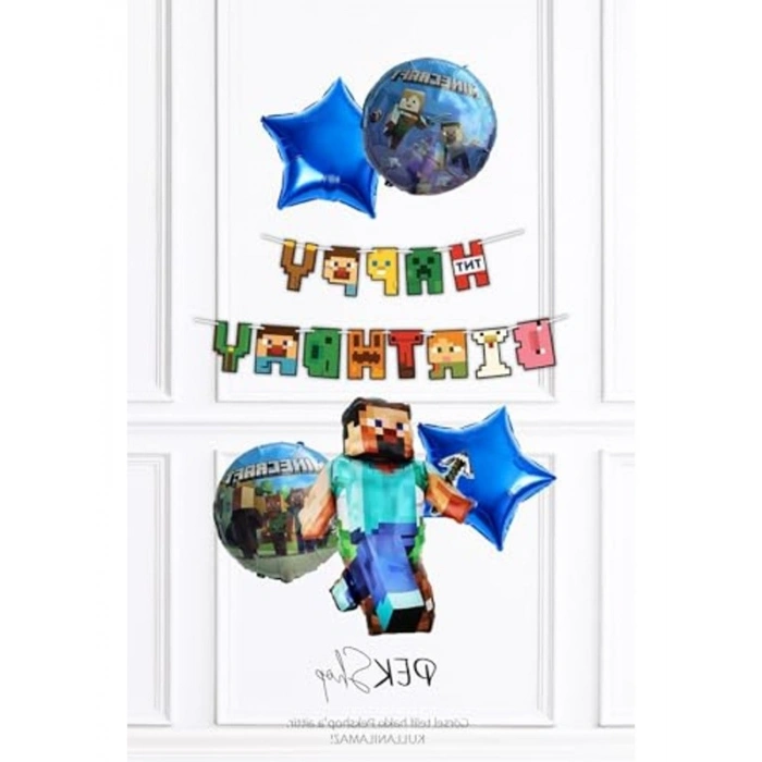 Minecraft Konsept Doğum Günü Seti Happy Bithday Banner ve 5li Balon Seti