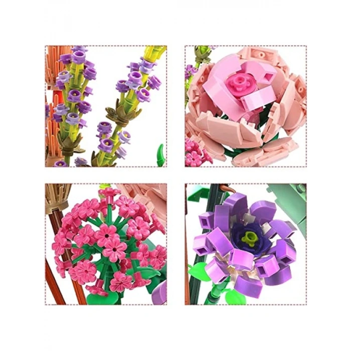 Mini Bricks Çiçek Buketi Yapım Seti - Renkli Yapay Çiçekler ile Dekorasyon