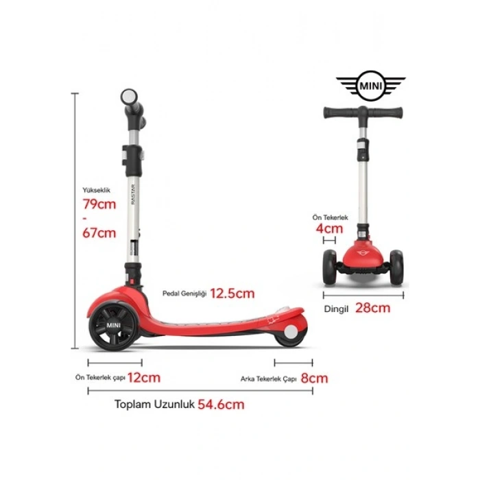 Mini Cooper Lisanslı 3 Tekerlekli Katlanabilir Ayarlanabilir Işıklı 50 kg Taşıma Kapasiteli Scooter Kırmızı