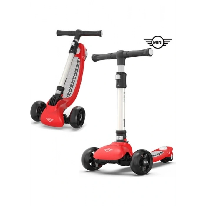 Mini Cooper Lisanslı 3 Tekerlekli Katlanabilir Ayarlanabilir Işıklı 50 kg Taşıma Kapasiteli Scooter Kırmızı