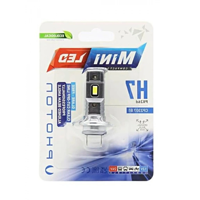 Mini H7 LED Ampul, 12-24V, Kompakt Tasarım, Tekli Blister Ambalajında