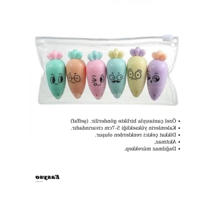 Mini Havuç Fosforlu İşaretleme Kalemi Seti, 6lı Çok Renkli