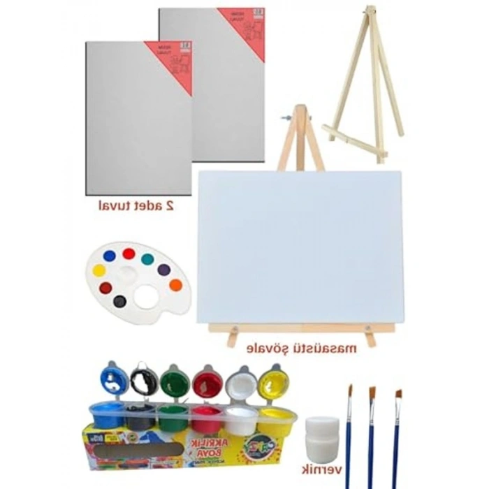Mini Masa Şövalesi ile Akrilik Boya Seti ve Tuval Takımı