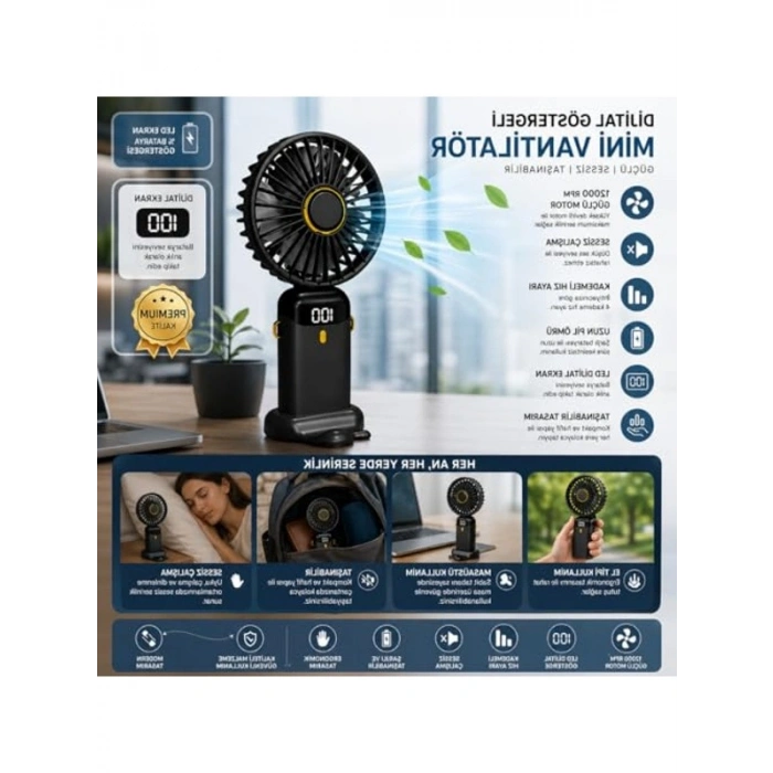 Mini Vantilatör, Şarjlı ve Taşınabilir, Ergonomik Tasarım