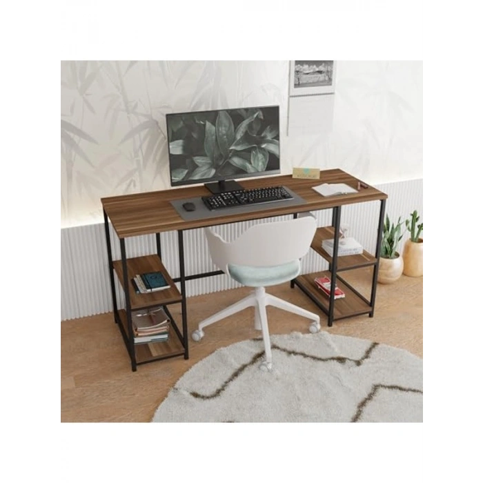 Modern Çalışma Masası - Kitaplıklı ve Ceviz-Siyah Tasarım