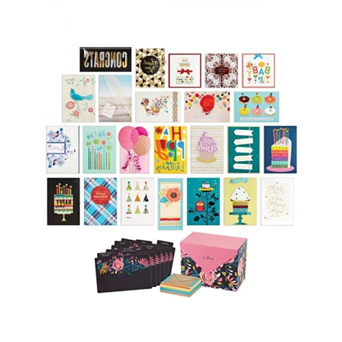 Modern Çiçek Desenli 24 Adet El Yapımı Tebrik Kartı Seti