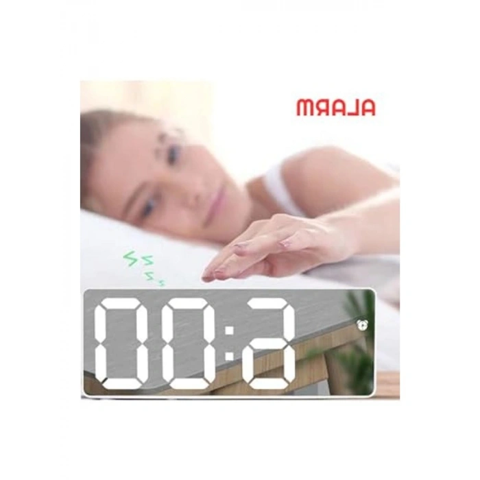 Modern Dijital Masa Saati, Aynalı Alarm, Takvimli ve Termometreli