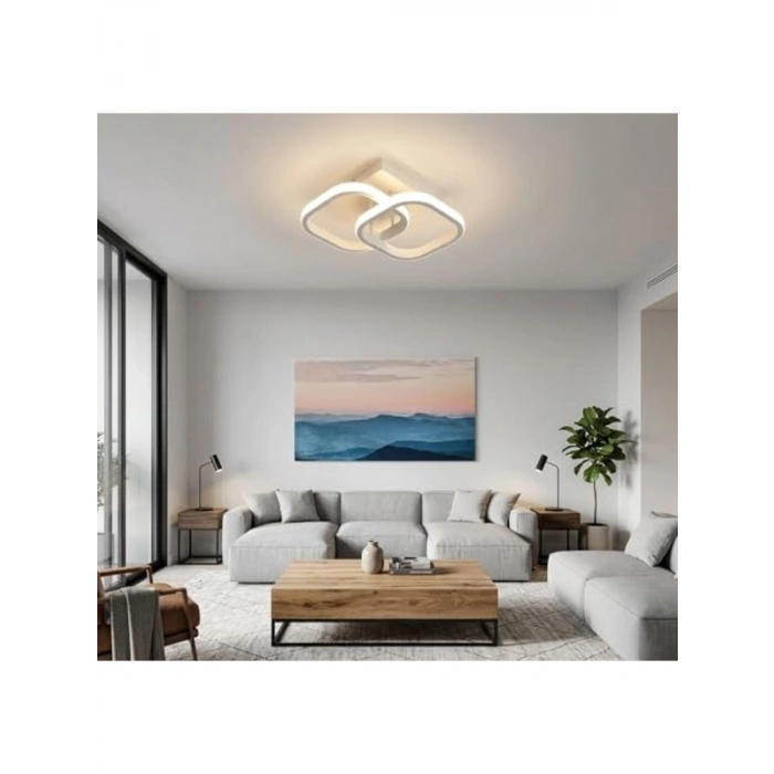 Modern LED Aydınlatmalı Çift Kare Plafonyer Avize, Beyaz