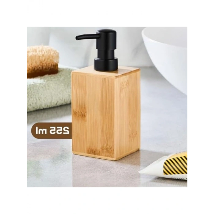 Modern Tasarımlı Bambu Sıvı Sabunluk - 255ml Kapasiteli, Mat Siyah Pompa