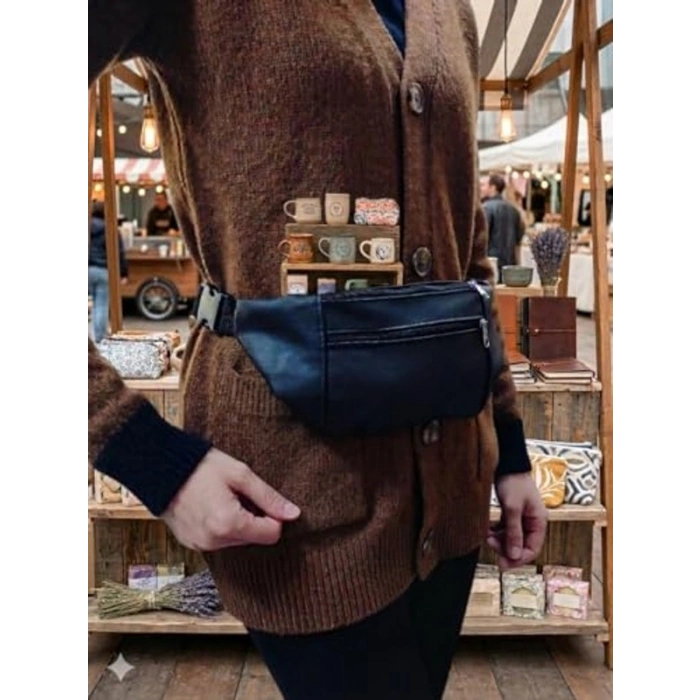 Modern Üç Bölmeli Bel Çantası, Siyah Suni Deri Ünisex