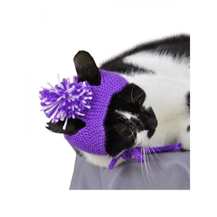 Mor Renkli Kapüşonlu Örme Kedi Şapkası