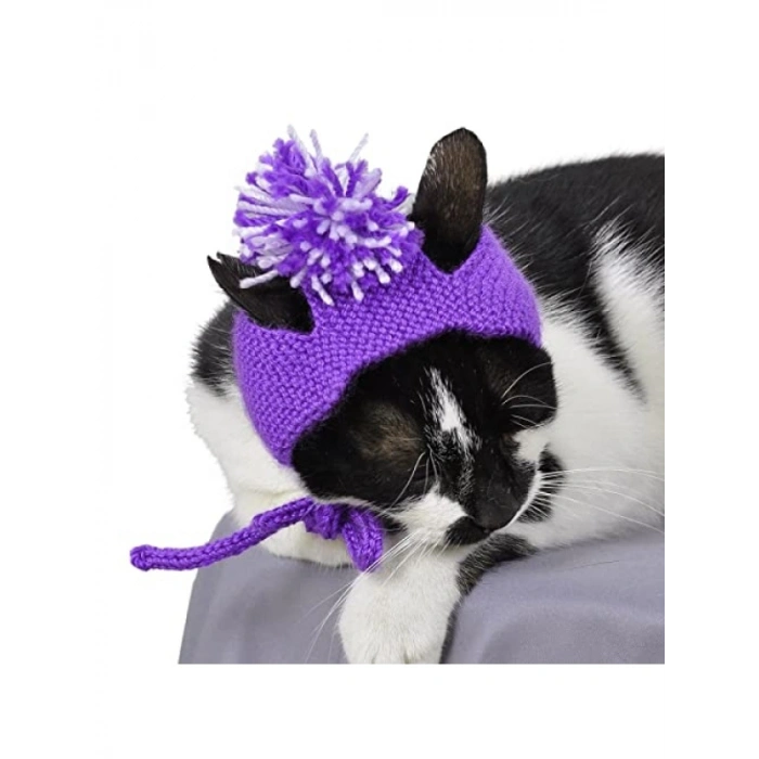 Mor Renkli Kapüşonlu Örme Kedi Şapkası