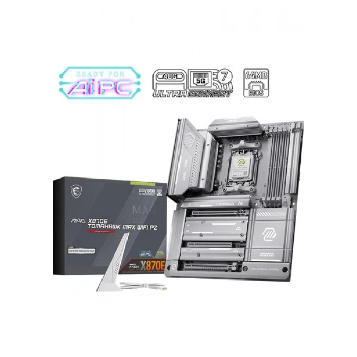 MSI Msı Mag X870E Tomahawk Max Wıfı Pz Am5 Ddr5 8400MHZ(OC) Usb4 4x M.2 Hdmı 2x Dp 40 Gbps 5g Lan Wıfı 7 Rgb Atx