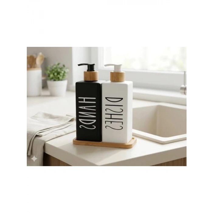 Mutfak için 2 adet 450 ml Sabunluk Seti, Bambu Tepsili