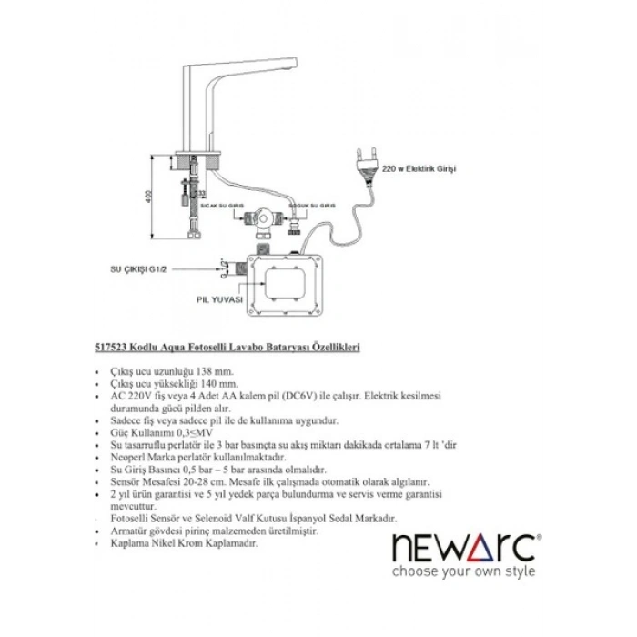 Newarc Aqua Fotoselli Lavabo Bataryası 517523