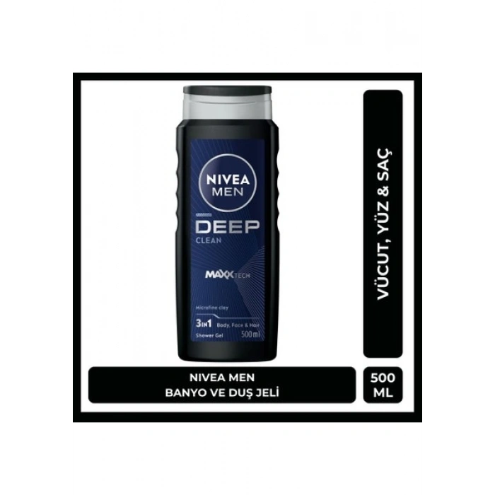 NIVEA MEN Deep Dimension Erkek Duş Jeli 500ml; 3ü1 Arada Vücut; Saç ve Yüz için Pratik Kullanım