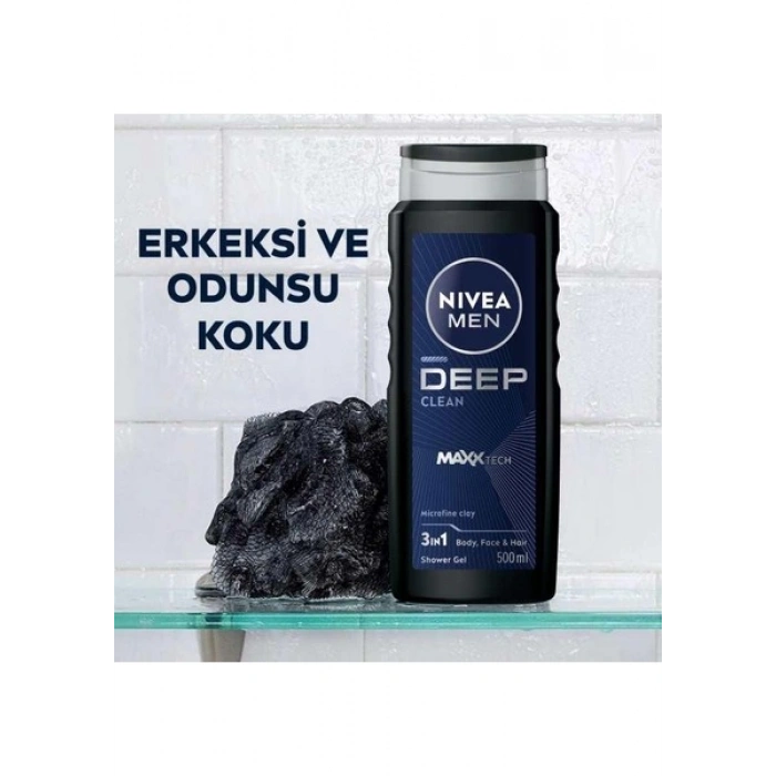 NIVEA MEN Deep Dimension Erkek Duş Jeli 500ml; 3ü1 Arada Vücut; Saç ve Yüz için Pratik Kullanım