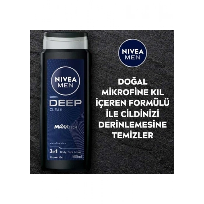 NIVEA MEN Deep Dimension Erkek Duş Jeli 500ml; 3ü1 Arada Vücut; Saç ve Yüz için Pratik Kullanım