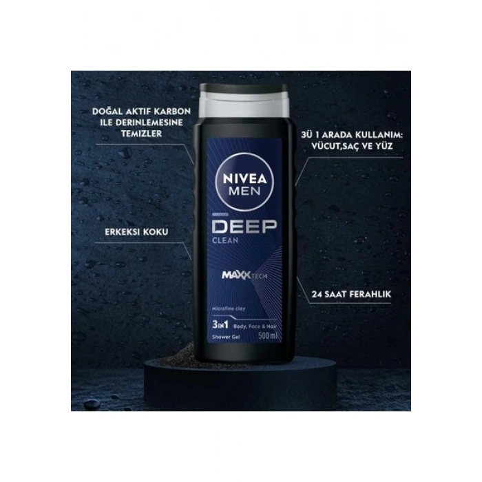 NIVEA MEN Deep Dimension Erkek Duş Jeli 500ml; 3ü1 Arada Vücut; Saç ve Yüz için Pratik Kullanım
