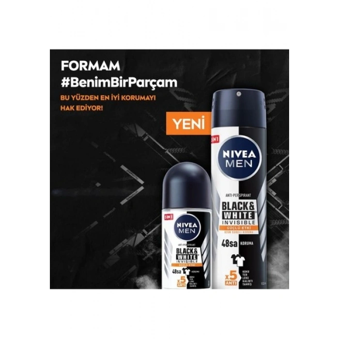 NIVEA Men Erkek Roll On Deodorant Black&White Invisible Güçlü Etki 50ml; Ter ve Ter Kokusuna Karşı 48 Saat Anti-perspirant ; İz Bırakmayan Formül