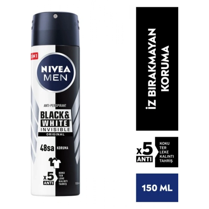 NIVEA Men Erkek Sprey Deodorant Black&White Invisible Original Ter ve Ter Kokusuna Karşı 48 Saat Anti-perspirant 150ml