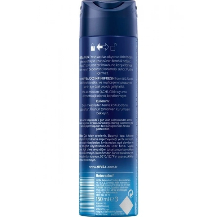 NIVEA MEN Erkek Sprey Deodorant Fresh Active 150ml, Ter Kokusuna Karşı 48 Saat Koruma, Aluminyum İçermez