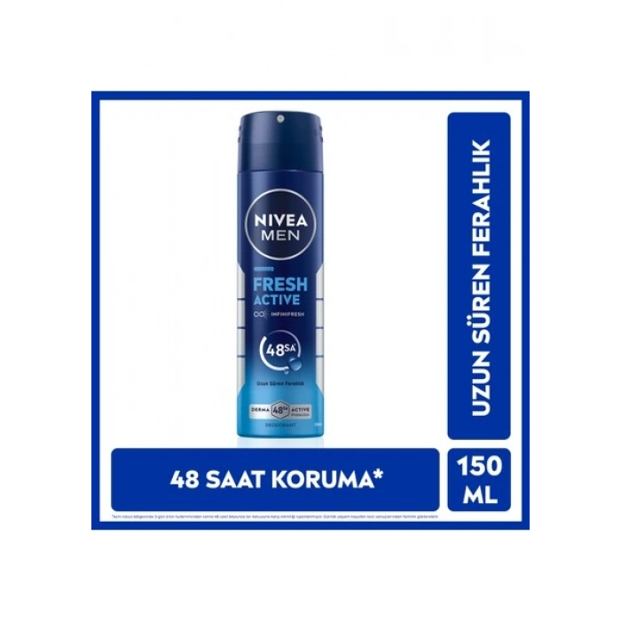 NIVEA MEN Erkek Sprey Deodorant Fresh Active 150ml, Ter Kokusuna Karşı 48 Saat Koruma, Aluminyum İçermez