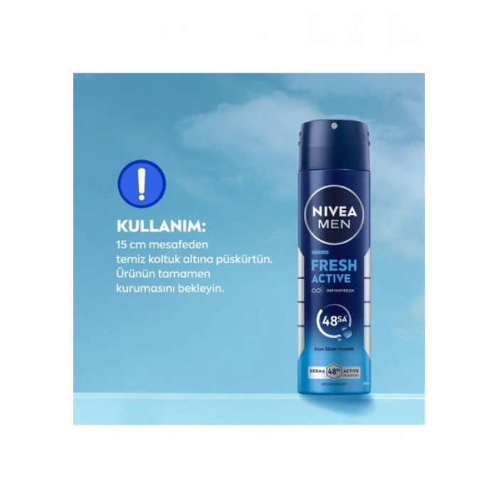 NIVEA MEN Erkek Sprey Deodorant Fresh Active 150ml, Ter Kokusuna Karşı 48 Saat Koruma, Aluminyum İçermez