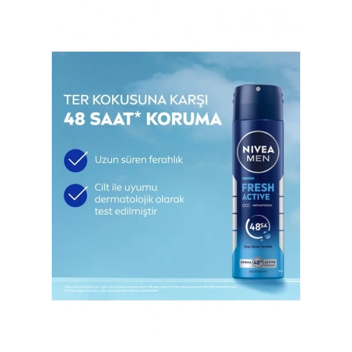 NIVEA MEN Erkek Sprey Deodorant Fresh Active 150ml, Ter Kokusuna Karşı 48 Saat Koruma, Aluminyum İçermez