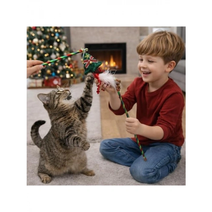 Noel Temalı İnteraktif Kedi Oyun Oltası, Zilli ve Tüylü