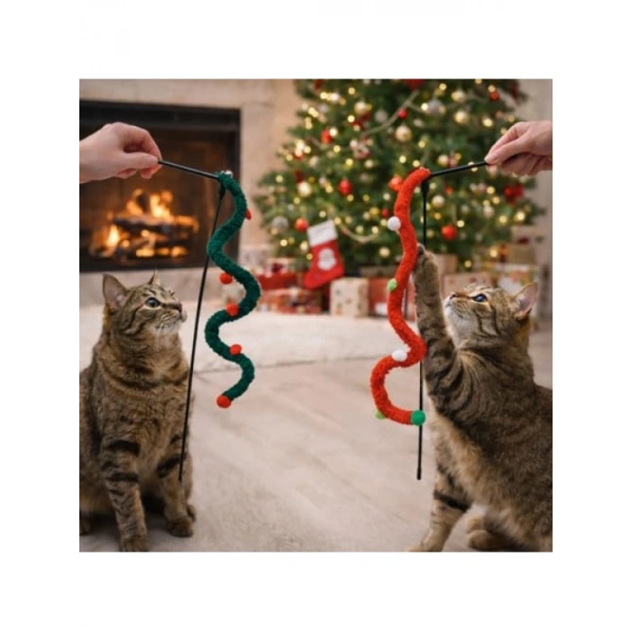 Noel Temalı İnteraktif Kedi Oyun Oltası, Zilli ve Tüylü