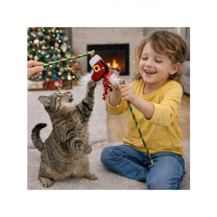 Noel Temalı İnteraktif Kedi Oyun Oltası, Zilli ve Tüylü