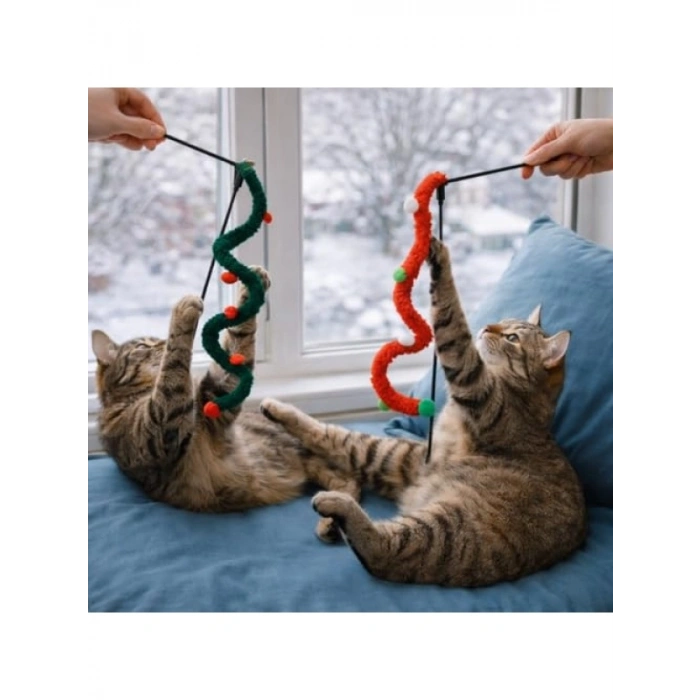 Noel Temalı İnteraktif Kedi Oyun Oltası, Zilli ve Tüylü
